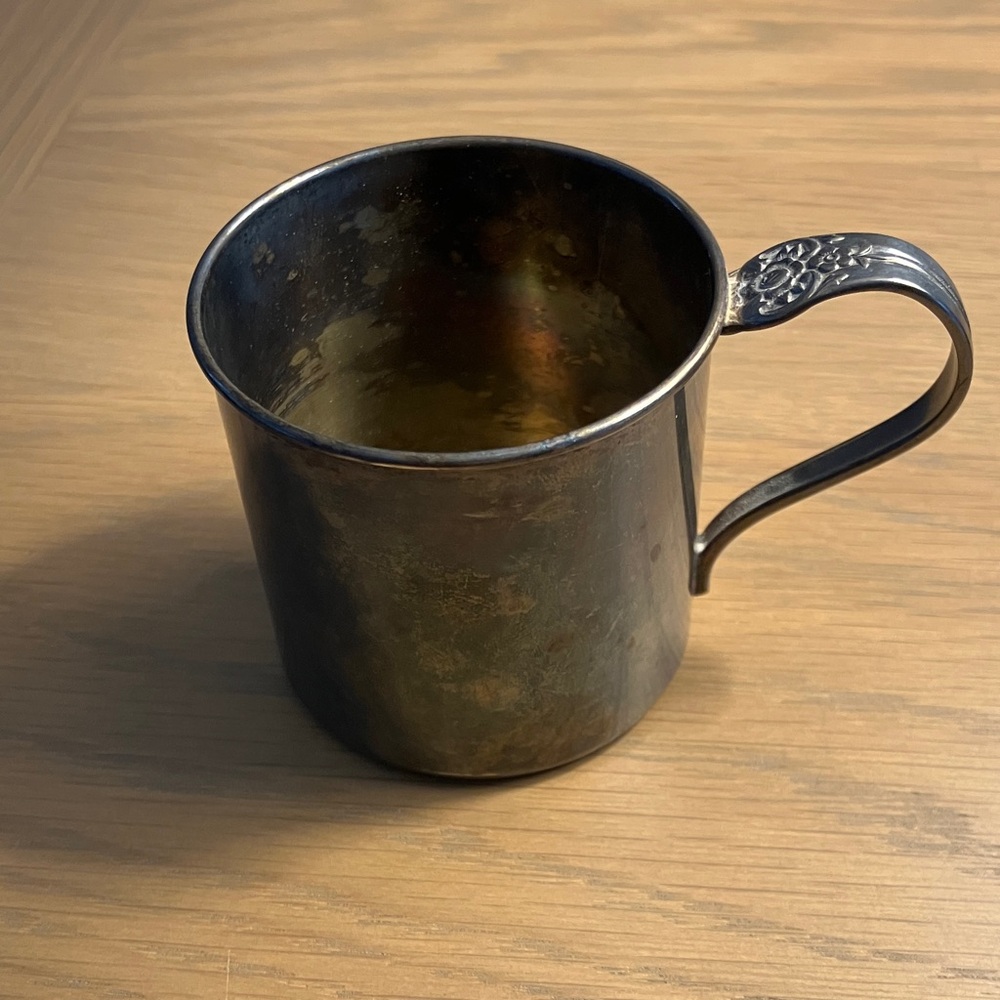 Vintage 1881 Rogers Silver Plated Baby Mug Cup Decorated Spoon Handle